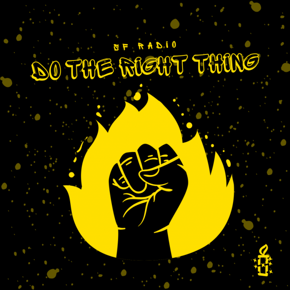 Logo de los programas de Radio Edu de "Do the right thing". Un puño sobre unas llamas. En colores negro y amarillo.