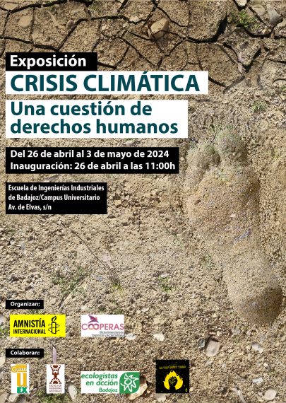 Cartel de la exposición CRISIS CLIMÁTICA. La imagen principal es una huella humana sobre la arena. Hay información sobre la exposición y logos de las entidades organizadoras.