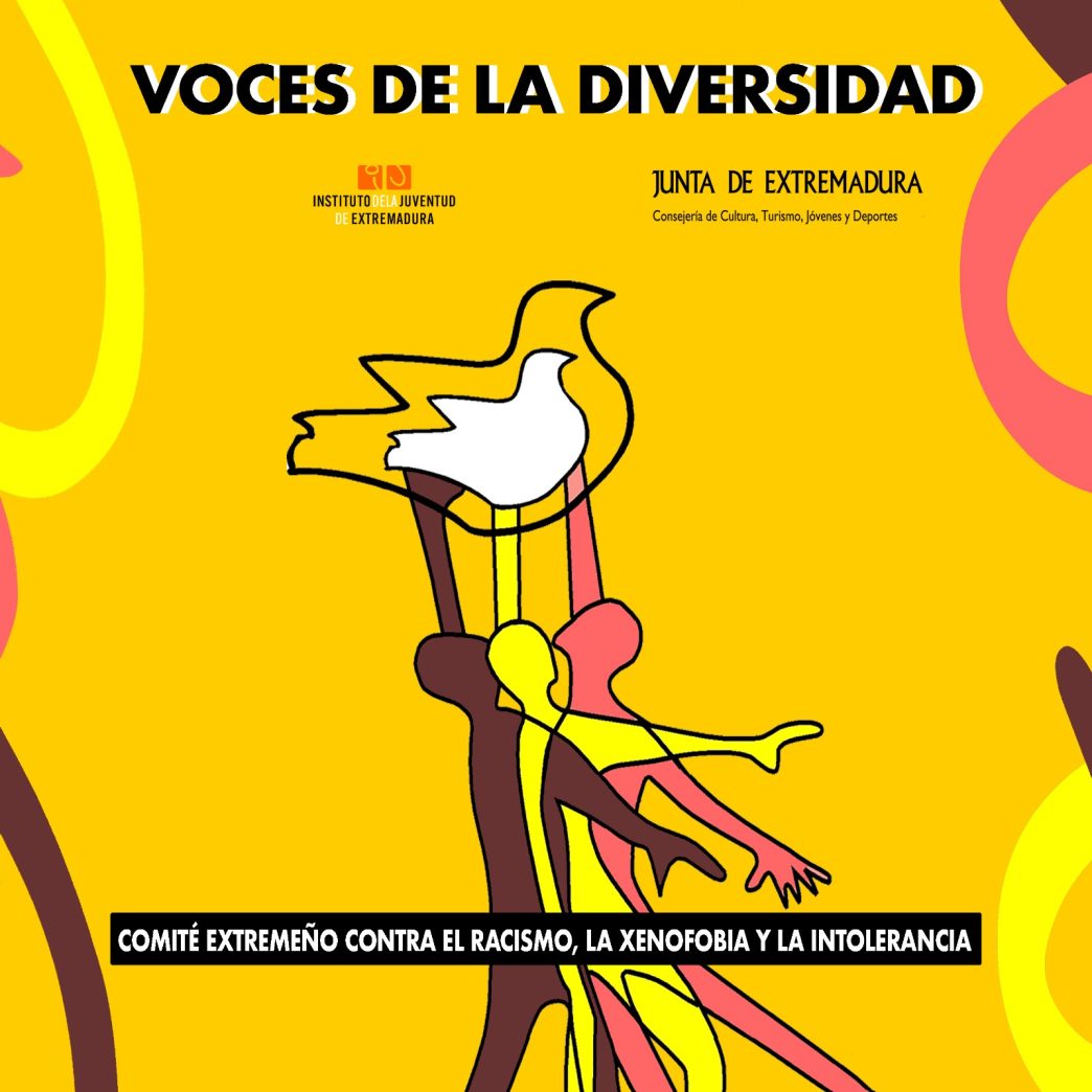 Cartel de "Voces de la diversidad". Sobre fondo amarillo se ven tres situetas humanas sosteniendo en alto las siluetas de unas palomas.