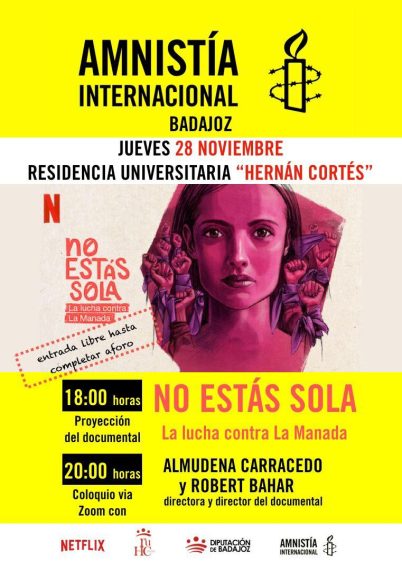 Cartel anunciador del evento. En el centro se ve el rostro de una mujer rodeado de puños alzados con pañuelos morados. Alrededor de la imagen hay información sobre el acto.