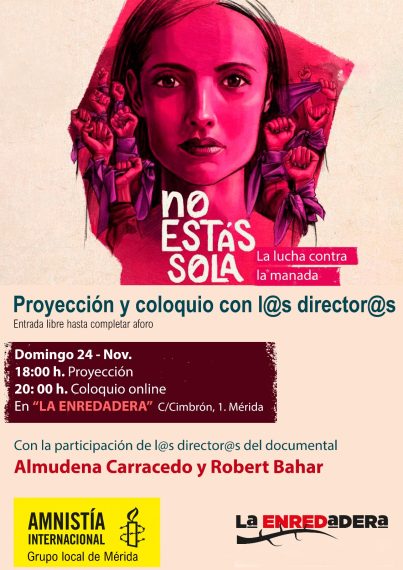 Cartel anunciador del evento. Además de información sobre el acto se ve una imagen de una mujer rodeada por puños alzados con pañuelos morados.