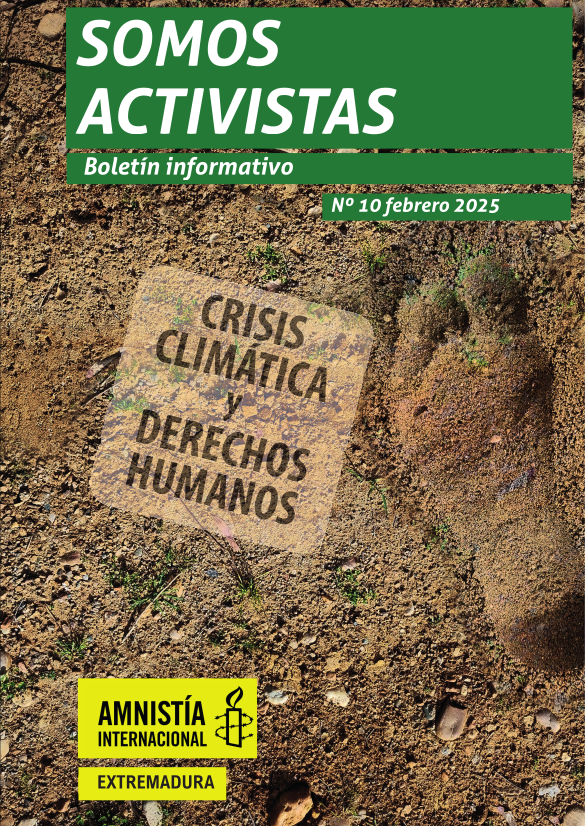 Portada del boletín número 10 de SOMOS ACTIVISTAS. Una huella humana en un suelo arenoso y seco. Texto: CRISIS CLIMÁTICA Y DERECHOS HUMANOS.