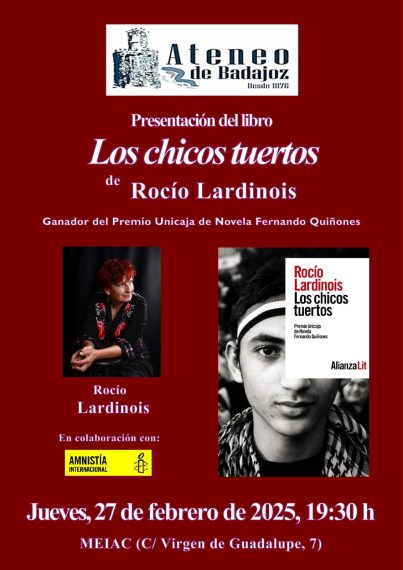 Cartel con información sobre el evento. Destacan dos imágenes: una fotografía de la autora y la portad del libro, en la que se ve el rostro de un muchacho.