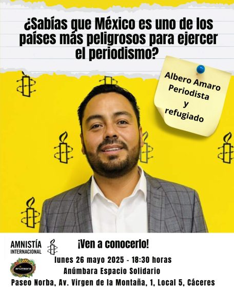 Fotografía de Alberto Amaro con un fondo amarillo con logos de Amnistía Internacional. Información del evento.