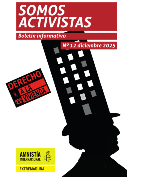 Portada del boletín. Se ve una silueta de un personaje con un sombrero de copa. El sombrero tiene ventanas y puertas como un edificio. Hay un cartel con el lema DERECHO A LA VIVIENDA.