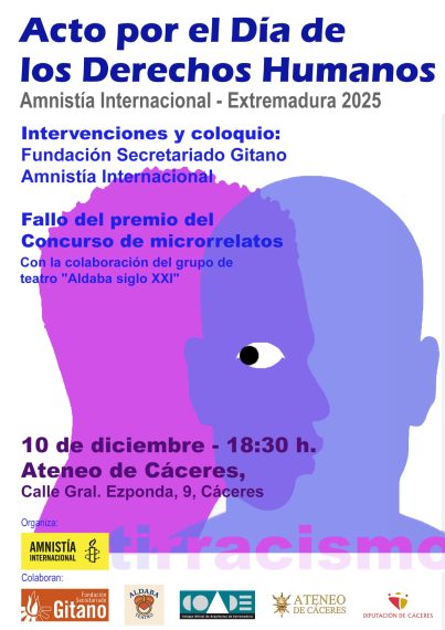 Cartel con información sobre el acto del día de los Derechos Humanos. De fondo hay dos siluetas de caras sobrepuestas.