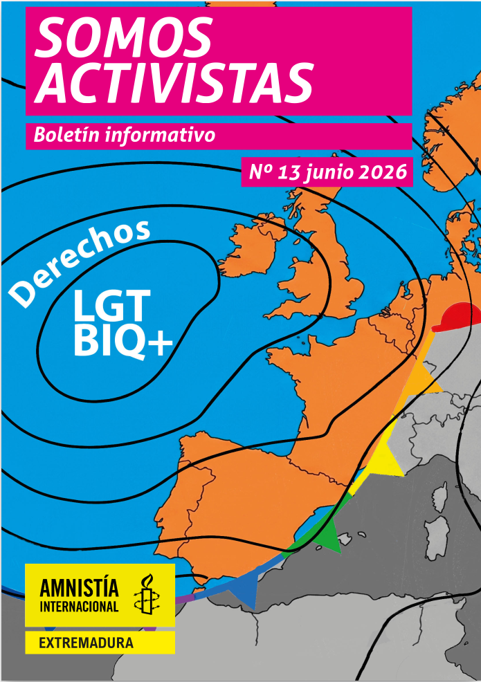 Portada del boletín SOMOS ACTIVISTAS (número 13). Aparece un mapa meteorológico de Europa con el texto "Derechos LGTBIQ+" en el centro de las isobaras.