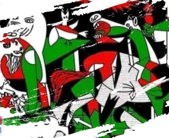 Imagen similar al cuadro del Guernica con los colores de la bandera Palestina